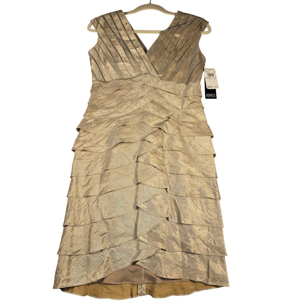 Adrianna Papell Petite Gold Metallic Tiered Cocktail Dress 8P Sleeveless V-Neck